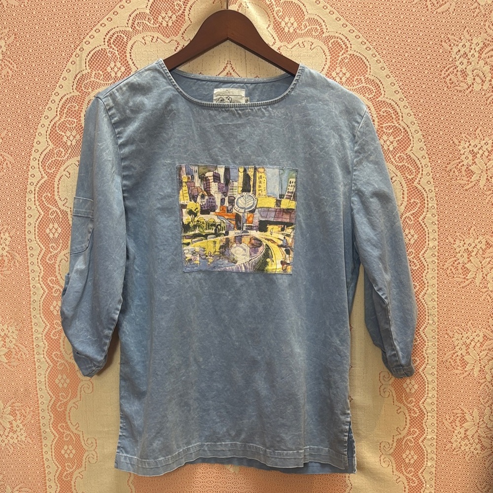 Michael Leu Hand-Painted Top – Art Patch Detail Sz Sm